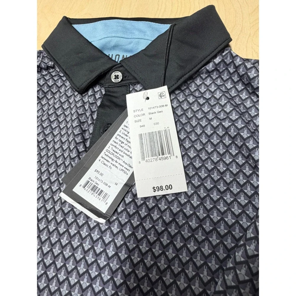 Rhone black geo Polo Mens Size M Short Sleeve GOLDFUSION Anti-Odor